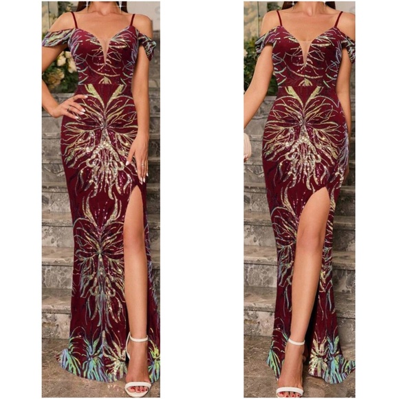 Luxe Rust Sequin Cold Shoulder Party Evening Wedding Prom Dress - Picture 10 of 13